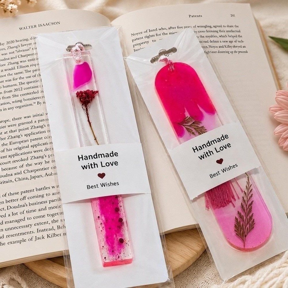 Handmade Resin Bookmarks Pink Pressed Flower Floral Tassel Set of 2 Gift for Her